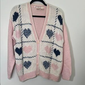 SOLD Vintage Hand Knit Heart Patterned Pink and Blue Cardigan